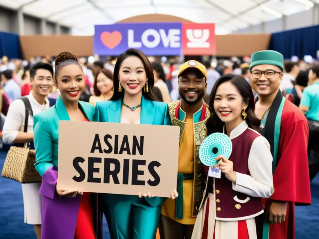 Convención de Fans: Diversidad de Cosplay y Pasión Asiática Comunidades de fans de series asiáticas unidas en convención, vistiendo coloridos y detallados trajes, expresando su amor por las series
