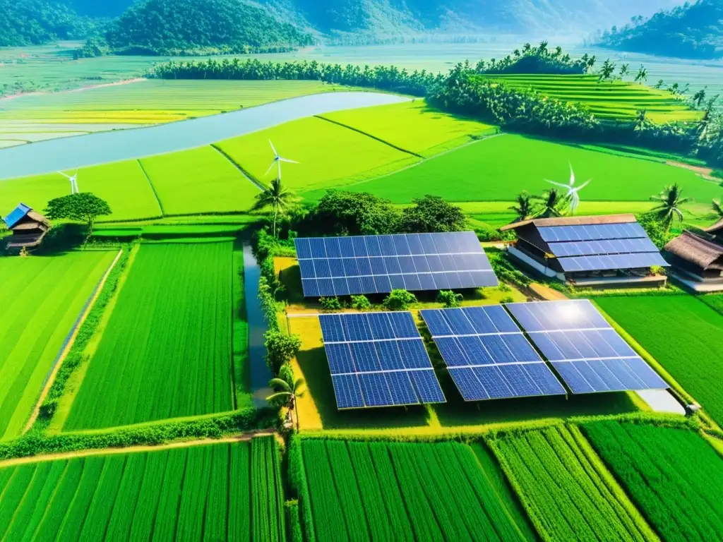 Comunidades rurales asiáticas modernas: Paisaje verde con paneles solares, molinos de viento y habitantes en actividades sostenibles