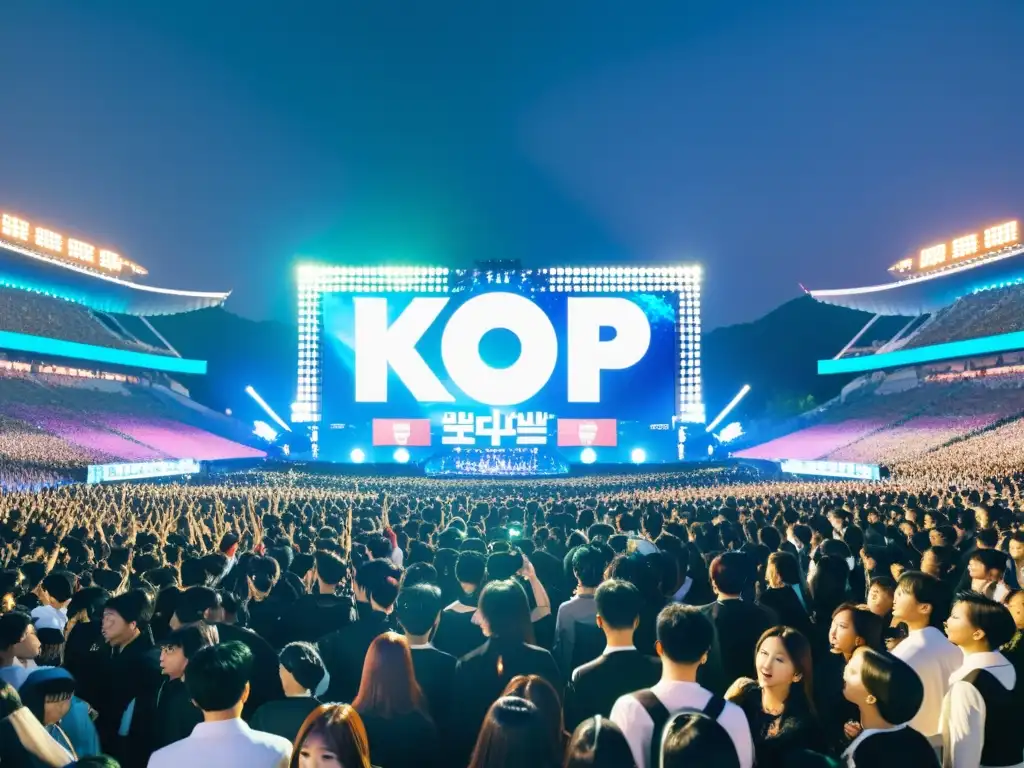 Concierto abarrotado de KPop en Seúl, con luces vibrantes y fans enérgicos, mostrando el éxito digital del KPop y JPop