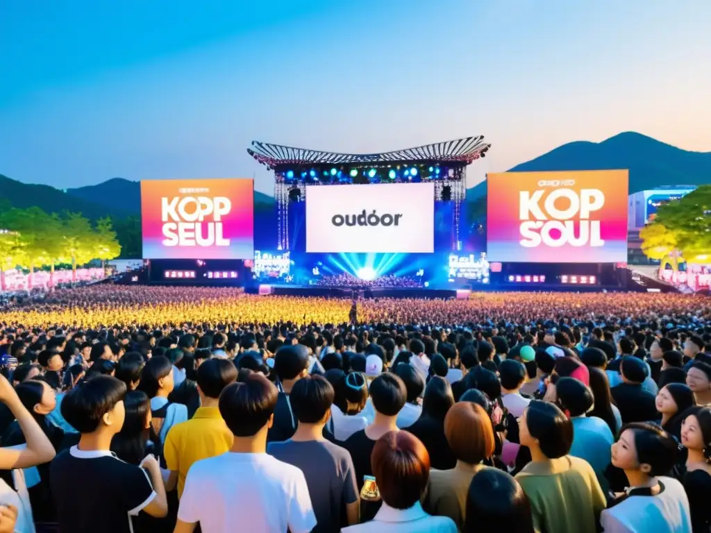 Concierto al aire libre en Seúl con un popular grupo de Kpop en el escenario, fans emocionados agitando sus lightsticks