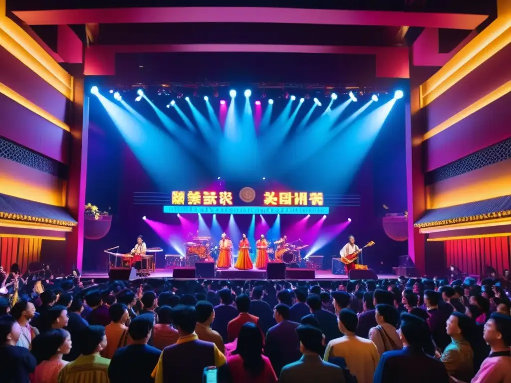 Concierto en ciudad asiática con luces neón, músicos tradicionales y tecnología streaming