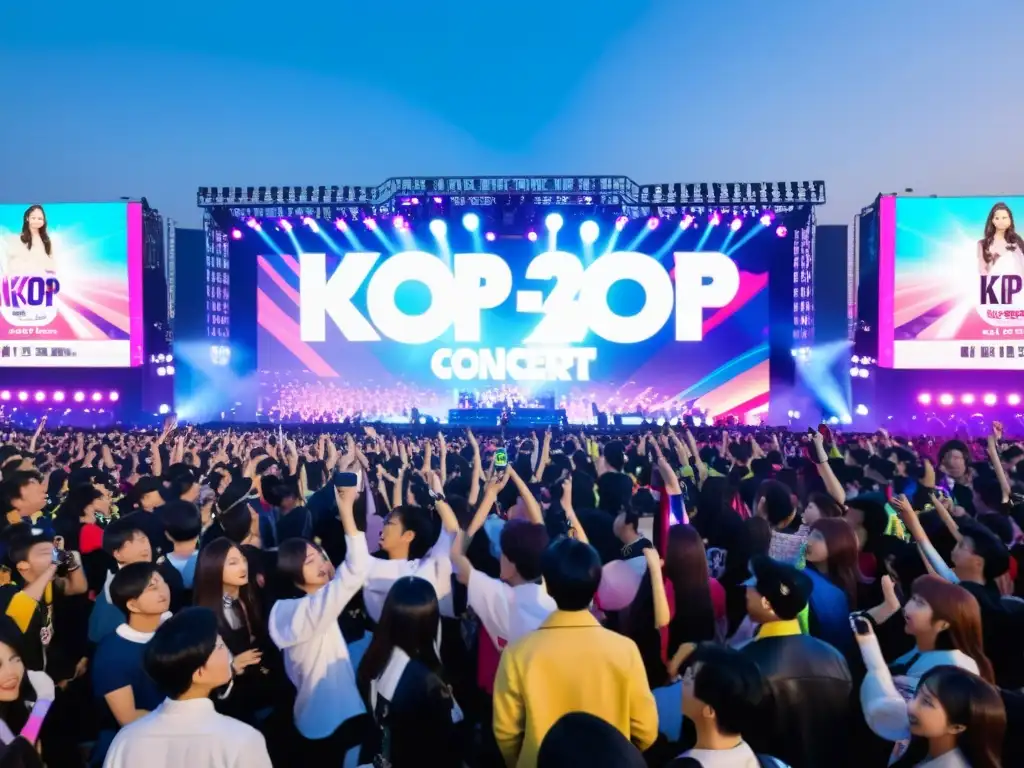 Concierto de KPop en ciudad occidental, impacto del KPop en Occidente: fans emocionados, luces brillantes y energía desbordante en el escenario