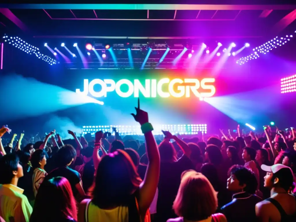 Concierto dinámico de JPop de los años 80, con luces neón, moda icónica y pasión en el escenario