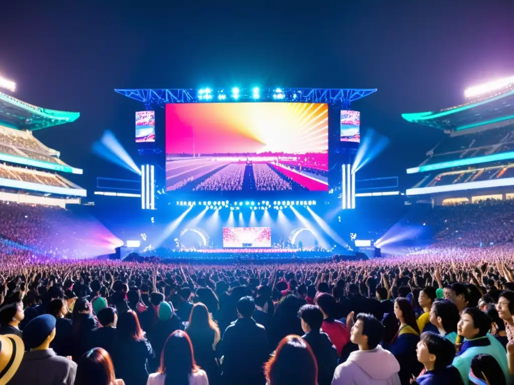 Concierto de JPop en estadio de Tokio, con escenario dinámico, luces vibrantes y multitud emocionada