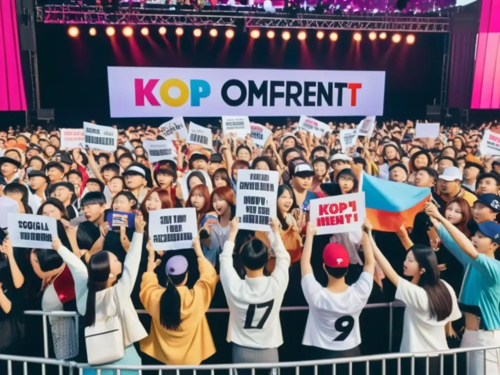 Concierto KPop con fans expresando comentarios sociales a través de letras de canciones, reflejando la importancia de los mensajes en la cultura KPop