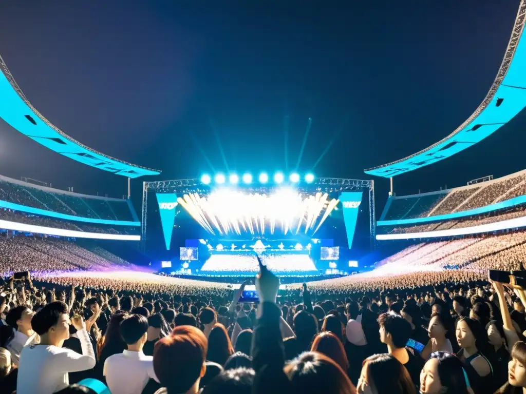 Concierto de KPop con fans entusiastas y escenario vibrante, reflejando la globalización del KPop estrategias