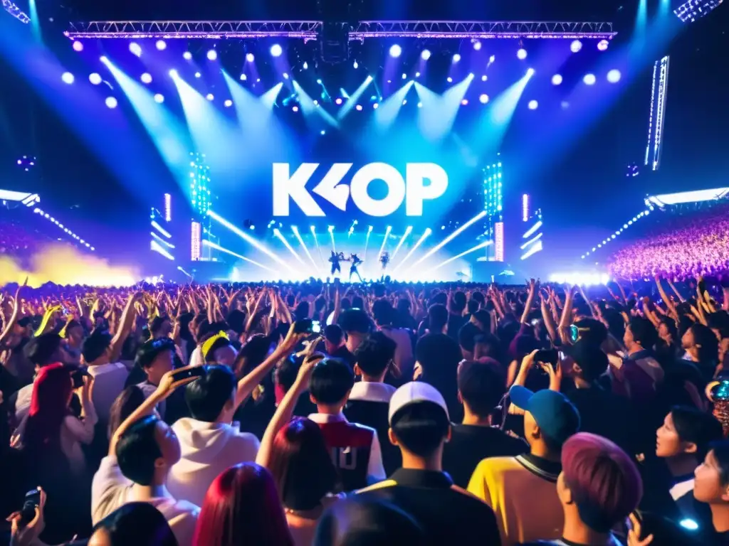 Concierto de KPop lleno de energía, fans entusiastas agitando luces brillantes y actuación dinámica en el escenario