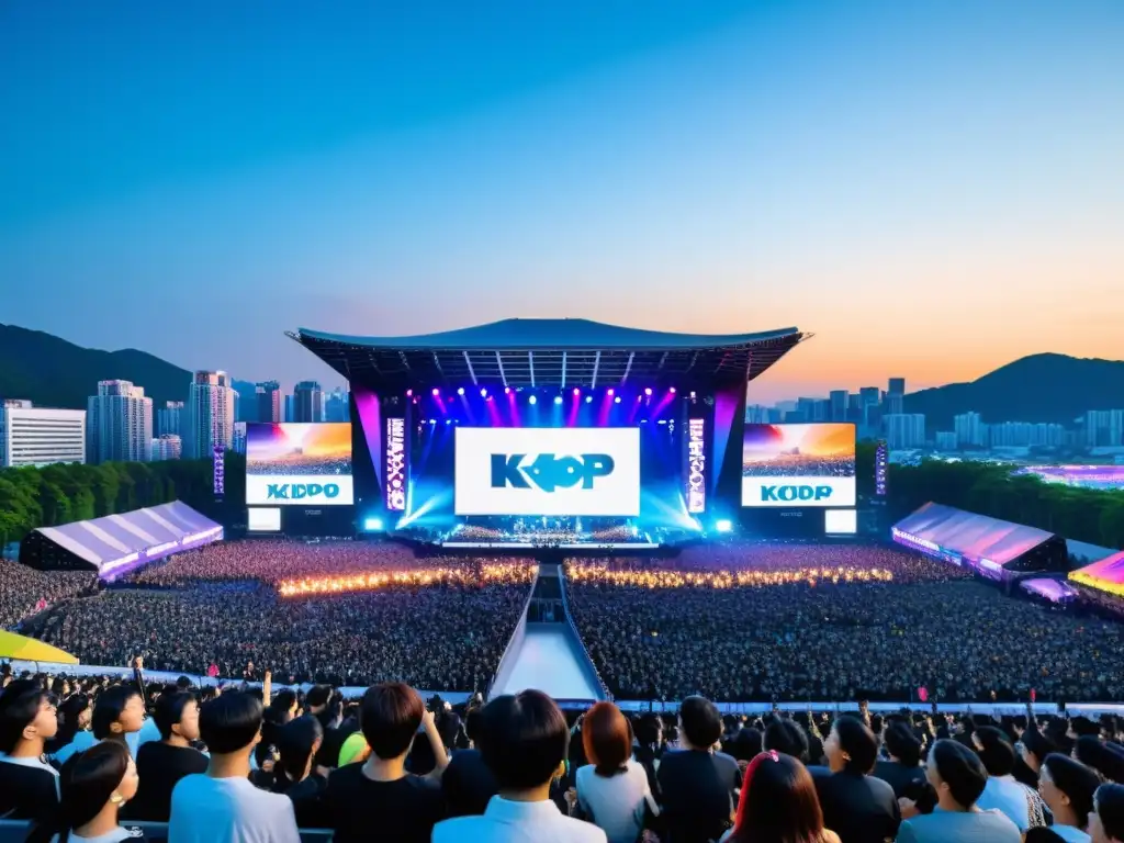 Concierto KPop masivo al aire libre en Seúl, Corea del Sur, con luces neon vibrantes y una multitud emocionada