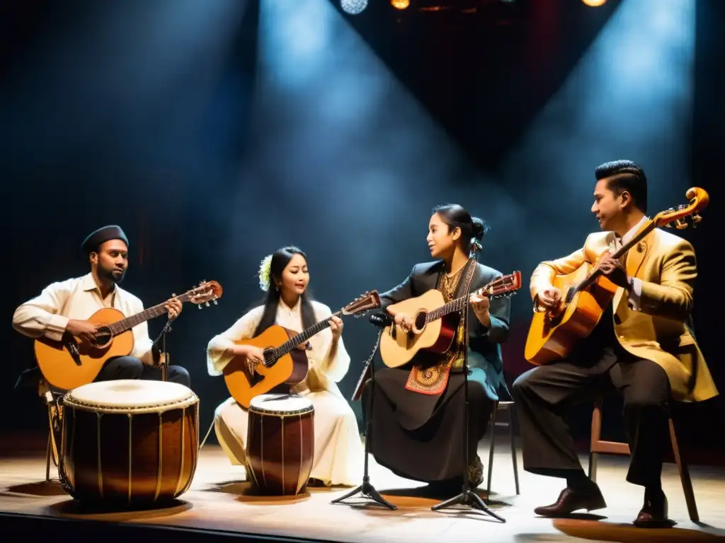 Concierto de músicos de distintas culturas, fusionando influencias del KPop y JPop en un escenario con luz tenue y sombras dramáticas