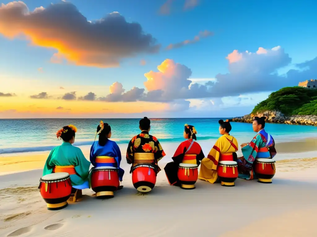 Concierto de música de Okinawa en la playa al atardecer, con colores vibrantes reflejados en el mar tranquilo