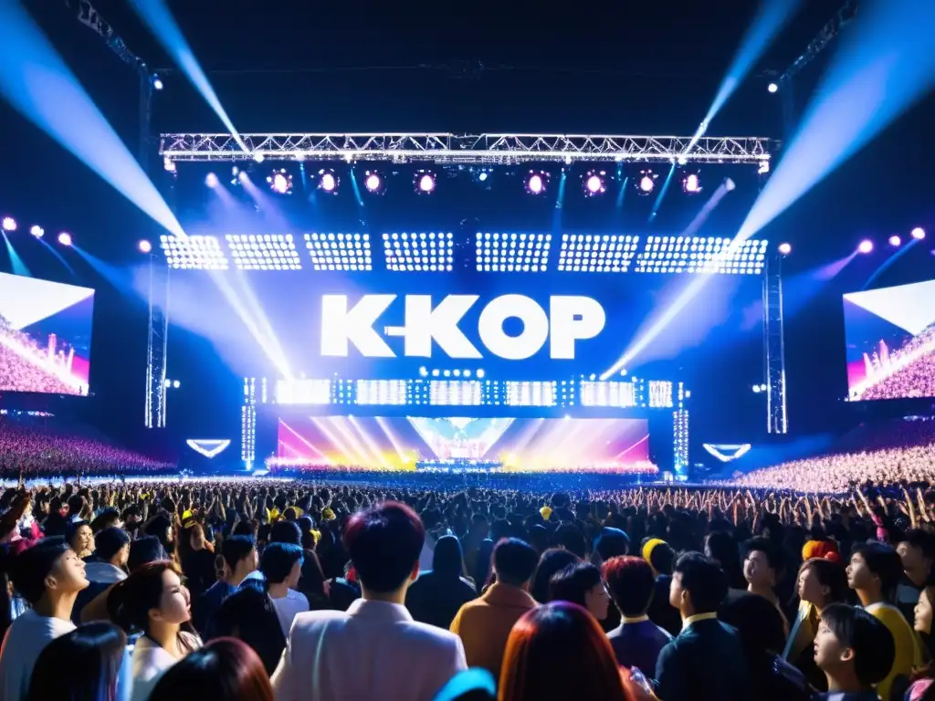 Inversión en KPop: Concierto vibrante con fans emocionados y artistas en escenario, luces brillantes y energía contagiosa