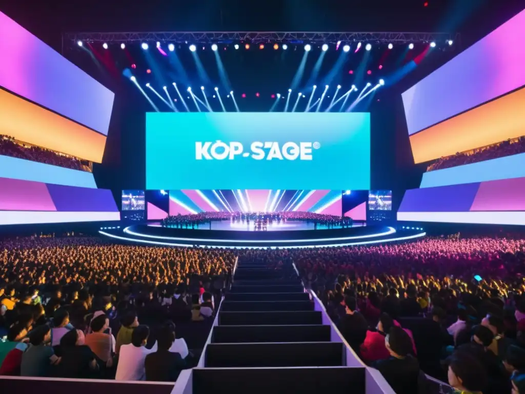 Conciertos virtuales de KPop: escenario iluminado con luces dinámicas, fans de todo el mundo y artistas energéticos en trajes futuristas