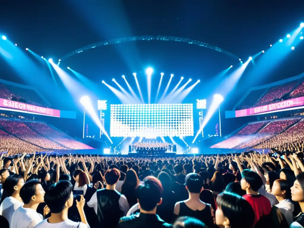 Conciertos virtuales de KPop: Euforia en estadio lleno con luces vibrantes y fans entusiastas disfrutando del espectáculo