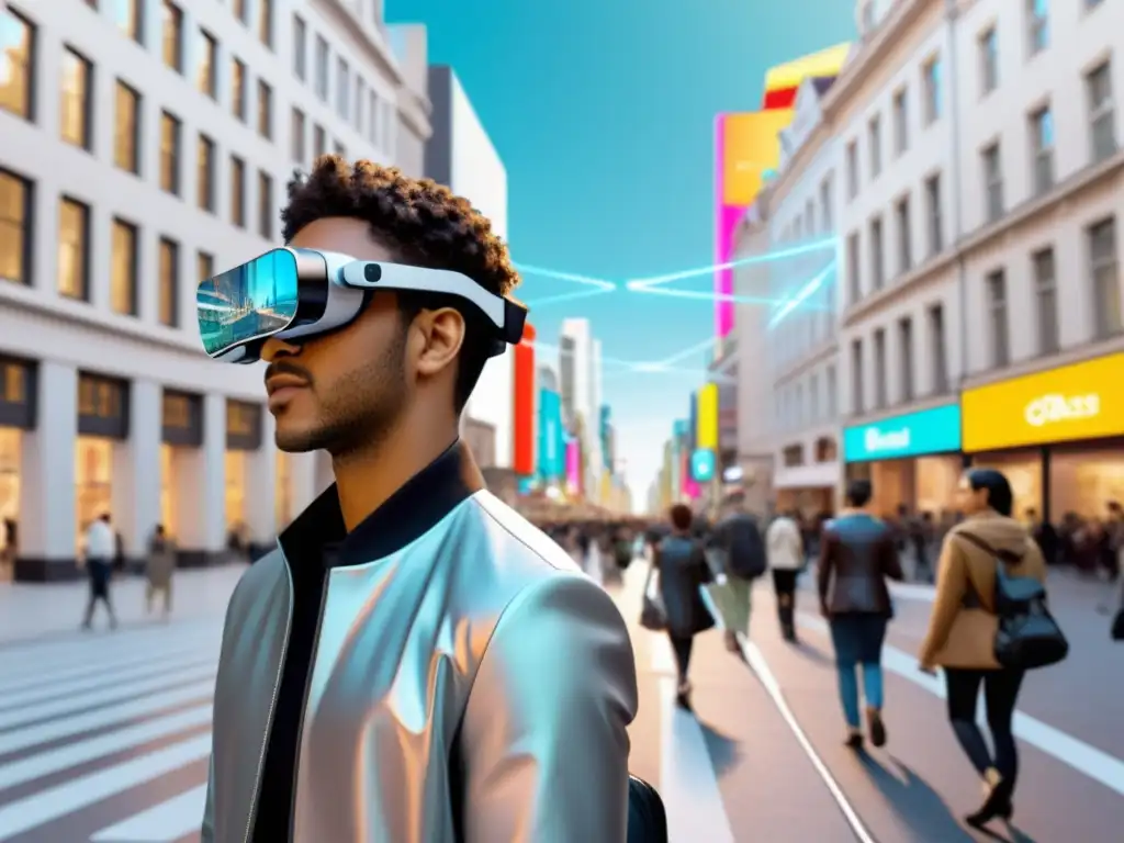 Una concurrida calle de la ciudad donde la gente utiliza gafas de realidad aumentada para interactuar con objetos virtuales y recibir información en tiempo real