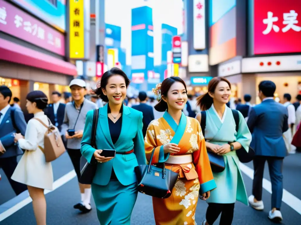 Streetwear Tech: Fusión moderna en Tokio En una concurrida calle de Tokio, Japón, personas de todas las edades usan tecnología wearable, fusionando lo tradicional con lo moderno