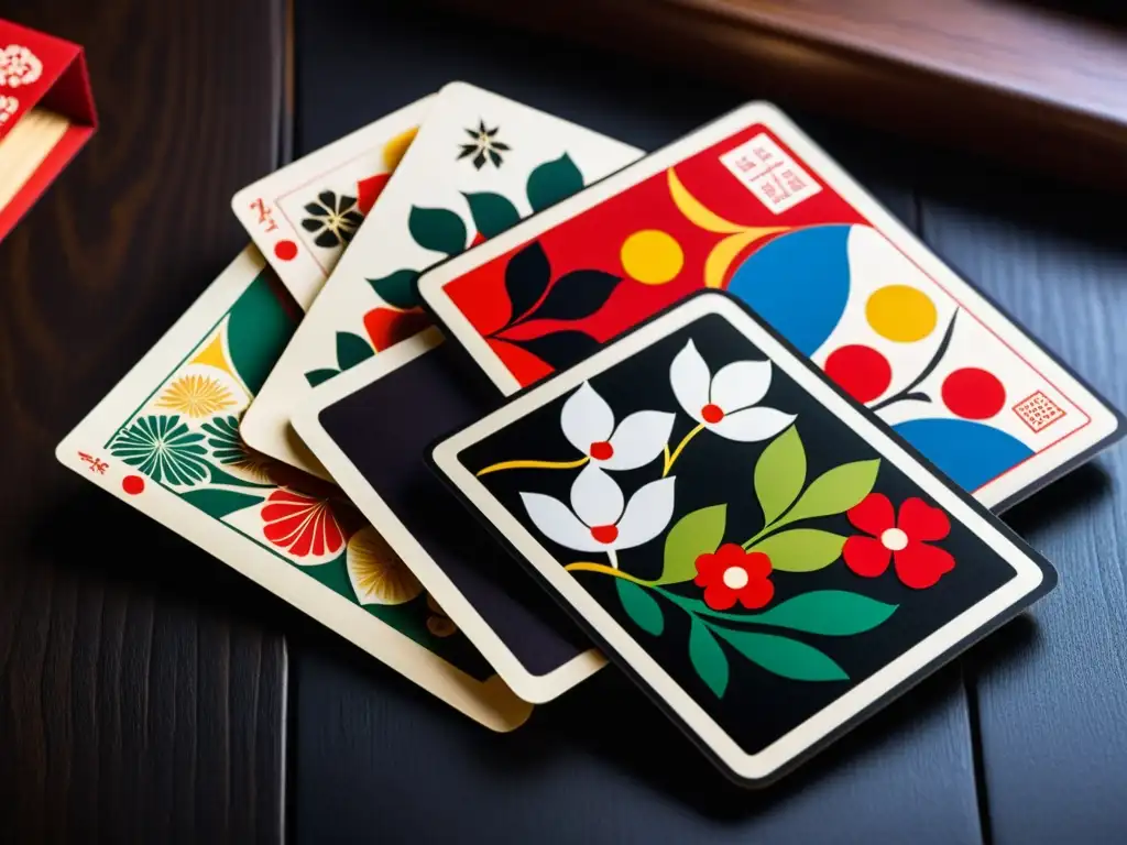 Un conjunto de cartas Hanafuda japonesas bellamente detalladas, dispuestas en un patrón tradicional sobre madera oscura