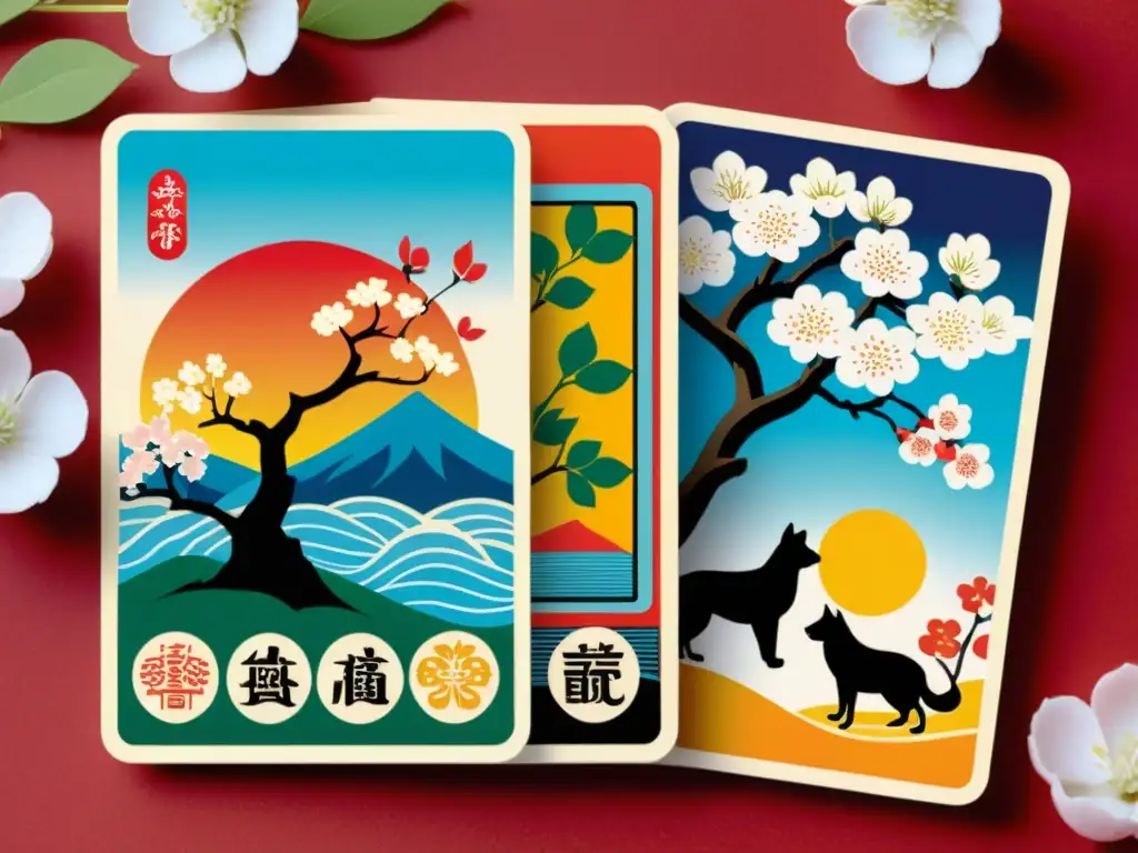 Un conjunto bellamente elaborado de cartas Hanafuda, con diseños intrincados y vibrantes que representan la naturaleza y los animales