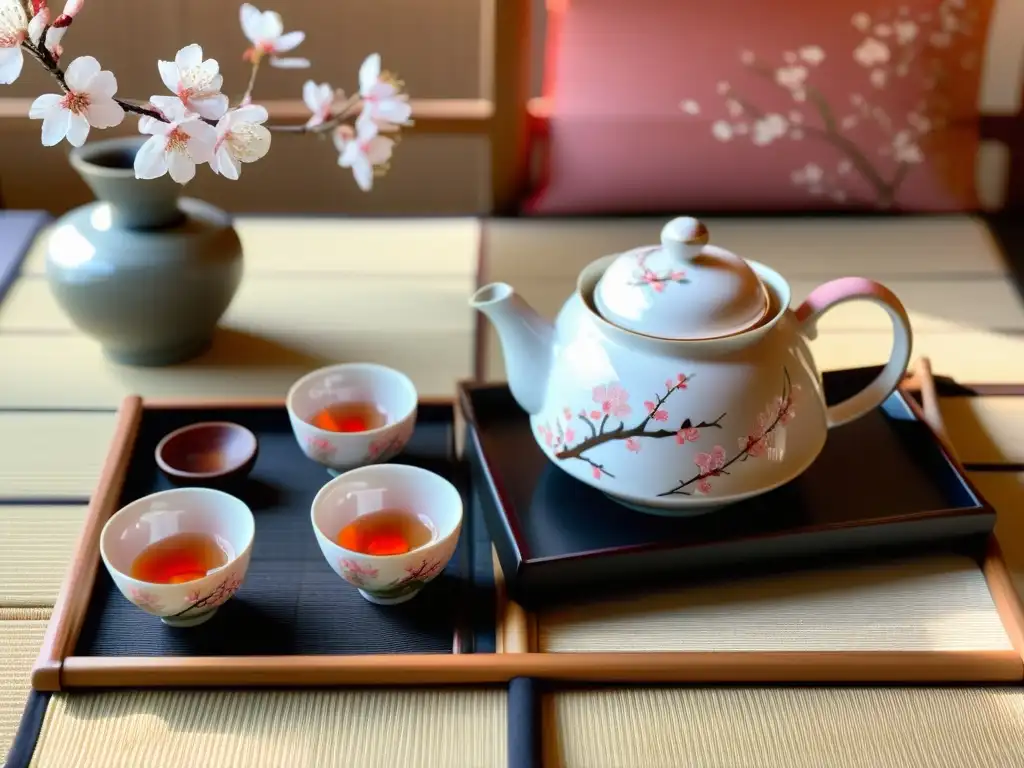 Un conjunto de té japonés de porcelana finamente decorado con patrones de cerezo, sobre un tatami