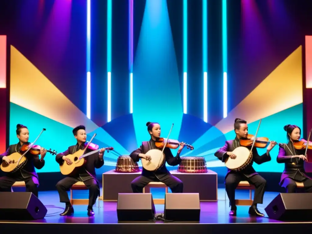 Un conjunto musical asiático tradicional y moderno en un escenario futurista con instrumentos tradicionales, simbolizando la fusión de elementos