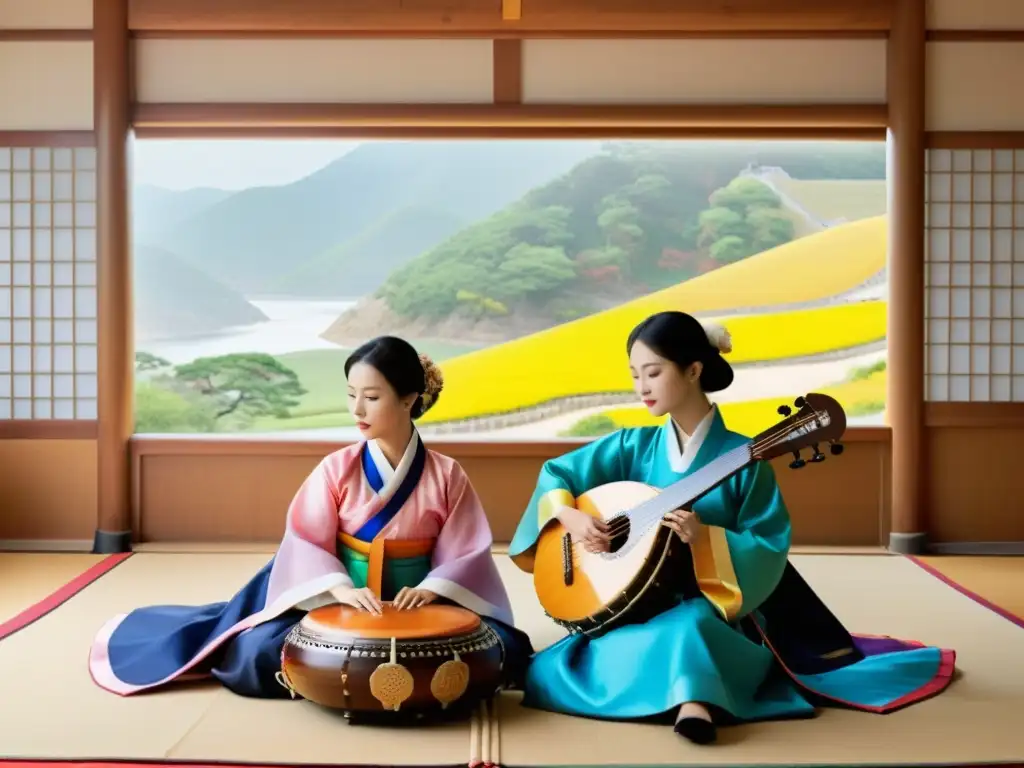 Un conjunto de músicos coreanos en tradicionales hanbok interpretando melodías con instrumentos tradicionales coreanos