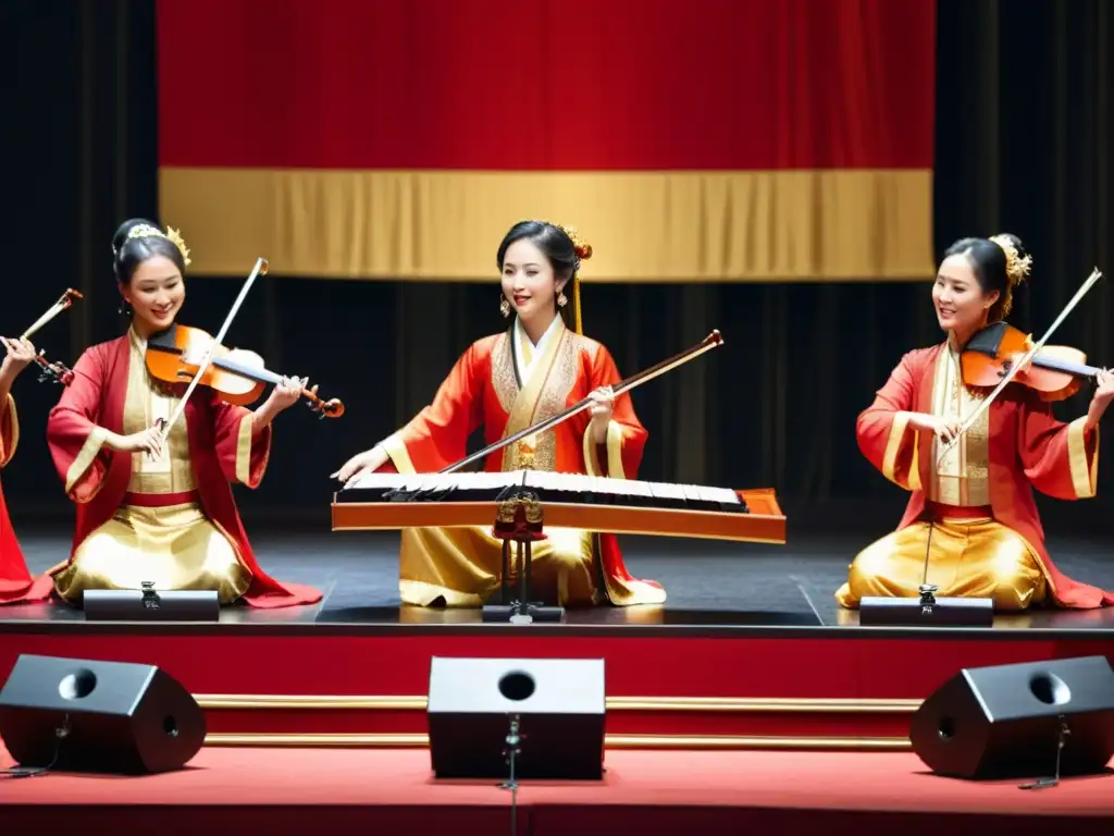 Un conjunto de música asiática tradicional con instrumentos y técnicas vocales asiáticas en un escenario vibrante