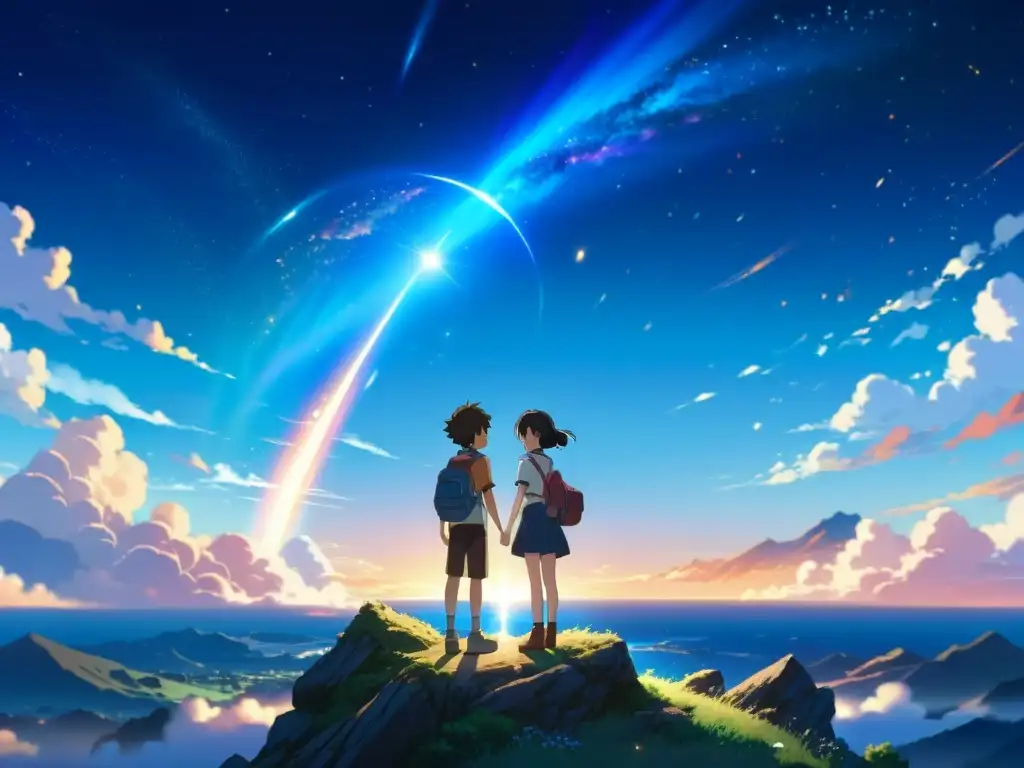 Conmovedor encuentro entre Taki y Mitsuha bajo un brillante cometa en el cielo crepuscular