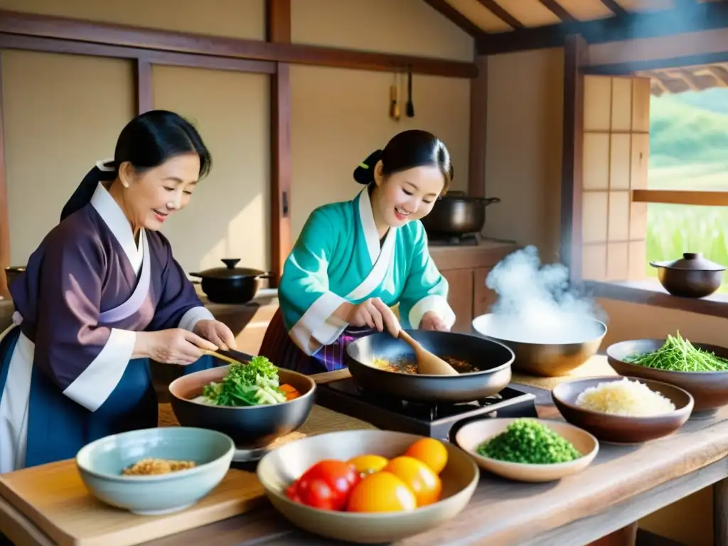 Una conmovedora escena de coreanos mayores preparando cocina tradicional coreana para longevidad en una cocina campestre, vistiendo hanboks coloridos