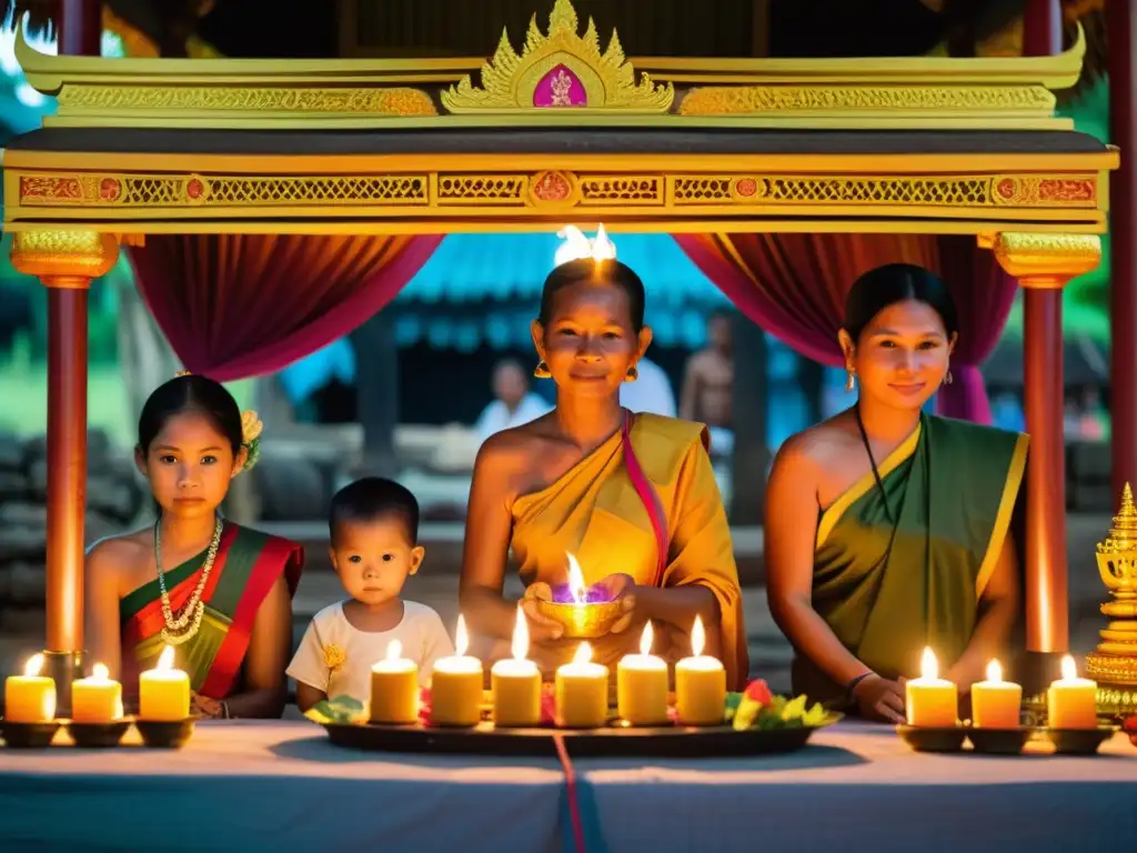 Una conmovedora imagen de un festival Pchum Ben en Camboya, con una familia multigeneracional ofreciendo respeto ante un altar ancestral decorado