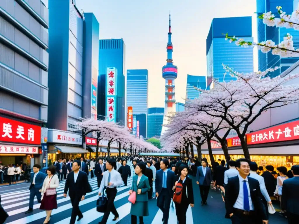 Consejos para trabajar y estudiar en Asia: Calle bulliciosa de Tokio con luces de neón, gente en traje de negocios y árboles de cerezo en flor