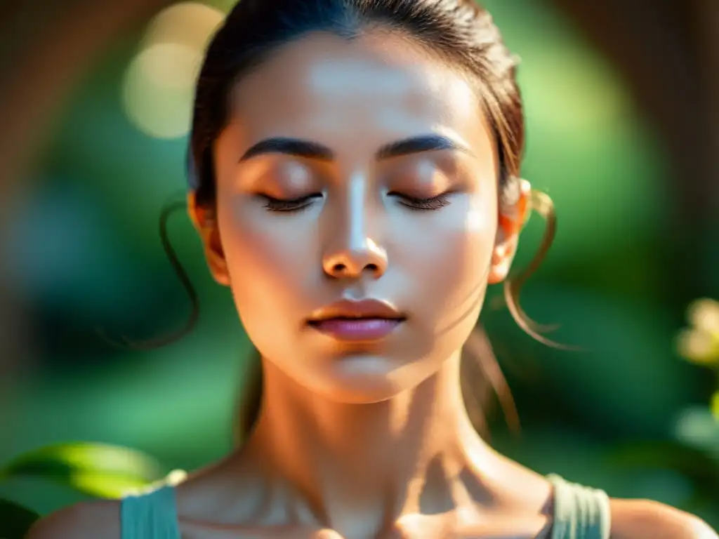 Consejos meditación cutis sereno: Imagen de persona meditando con piel radiante y expresión serena en su rostro iluminado por luz suave y natural