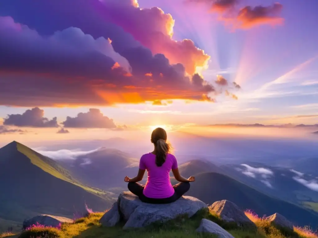 Consejos meditación cutis sereno: Mujer meditando en la cima de la montaña al amanecer, rodeada de nubes y luz del sol