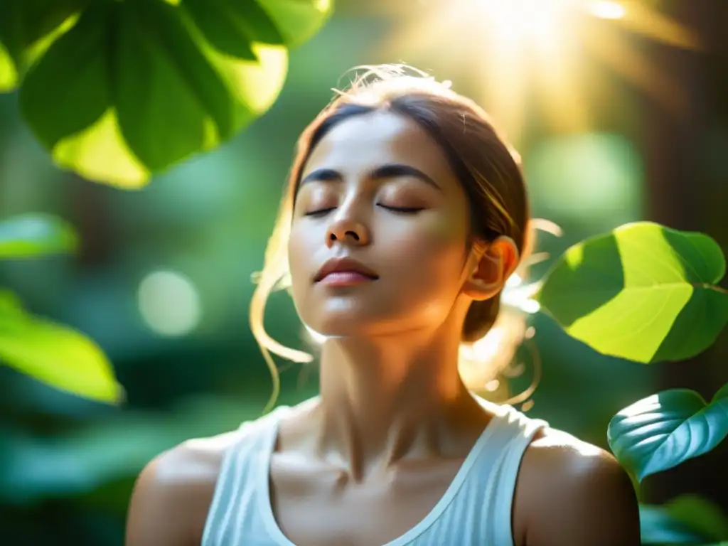 Consejos meditación cutis sereno: Persona meditando en un bosque, con luz dorada iluminando su rostro relajado y sereno