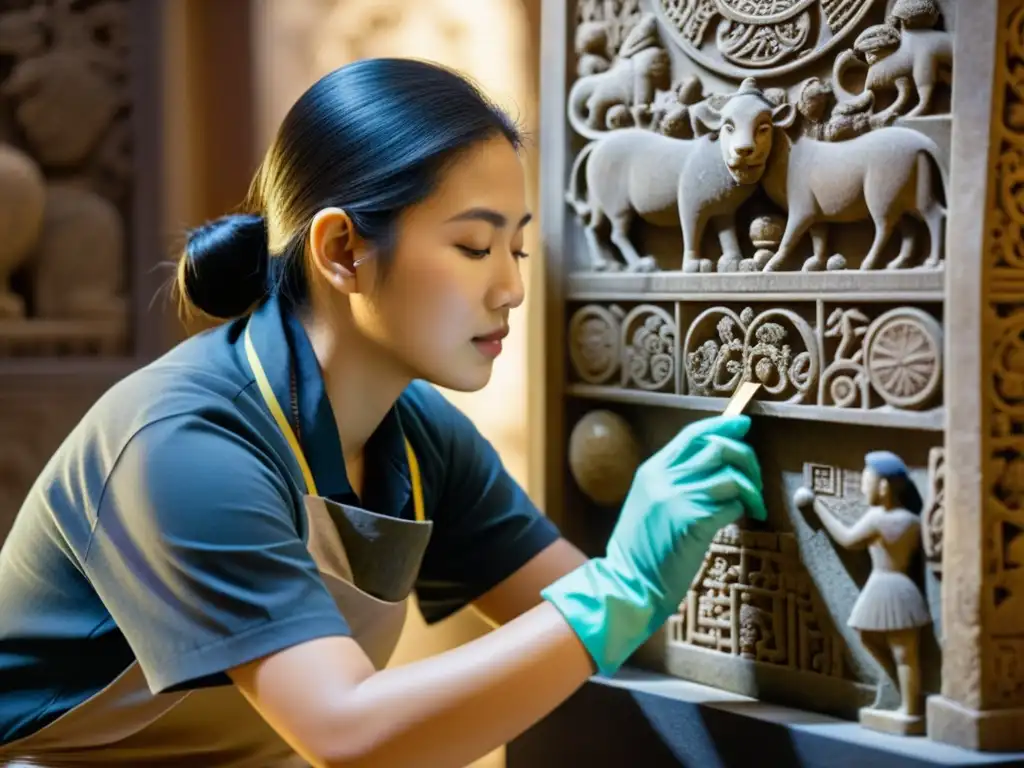 Un conservador habilidoso restaura con delicadeza un antiguo relieve de piedra asiático, rodeado de intrincados símbolos y carvings