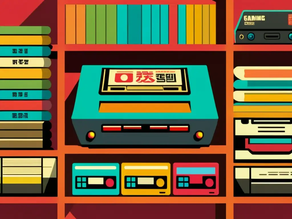 Una consola retro asiática nostálgica de gaming rodeada de cartuchos con arte y etiquetas en japonés y chino, con desgaste sutil y colores vibrantes