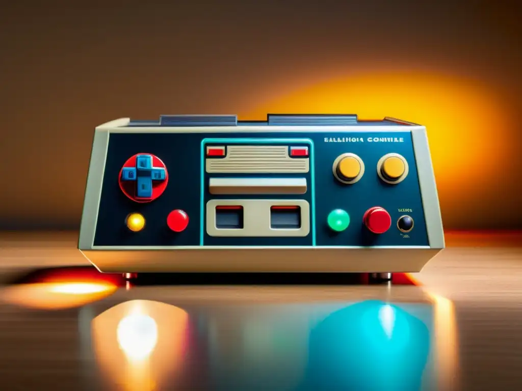 Una consola retro asiática nostálgica de gaming, con diseño único y botones, en un ambiente que evoca la nostalgia de los juegos clásicos