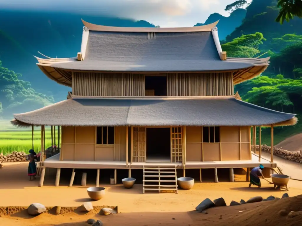 Construcción detallada de casa tribal asiática, resaltando la arquitectura tradicional de las tribus asiáticas y su integración con la naturaleza