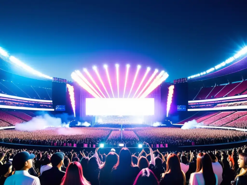 Construcción de marca global KPop: Estadio lleno de fans entusiastas, luces vibrantes y actuaciones dinámicas de BTS y BLACKPINK