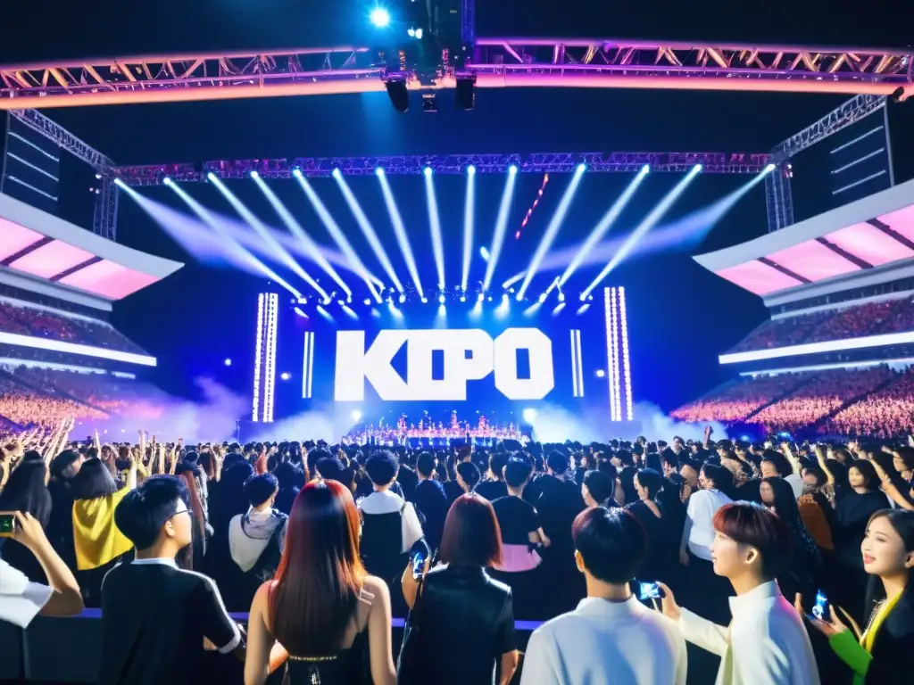 Construcción de marca global KPop: Lleno estadio con fans sosteniendo light sticks, idols en vibrante actuación en el escenario