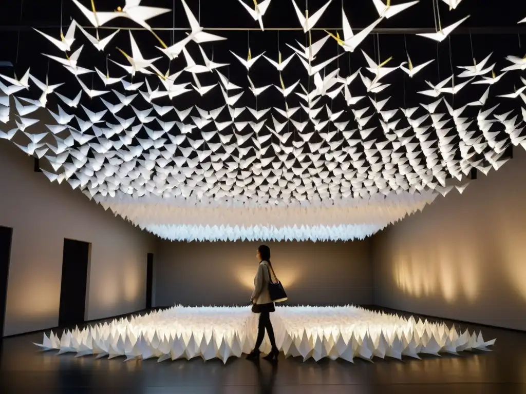 Instalación contemporánea de arte en Asia: impactante instalación de grullas de papel suspendidas en galería íntimamente iluminada