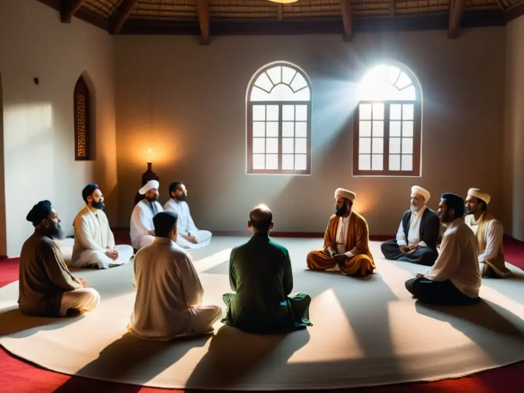 Práctica contemporánea del Sufismo para la paz: círculo de meditación con luz suave y conexión espiritual