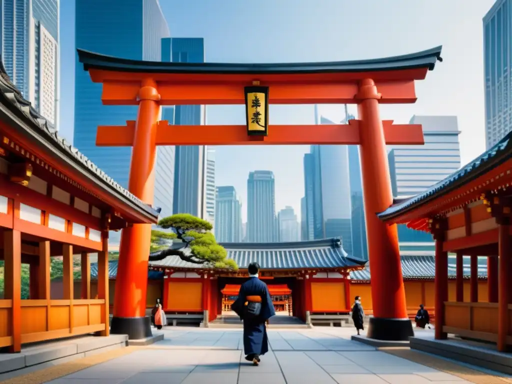 Contraste de espiritualidad a través del arte Shinto en la bulliciosa metrópolis