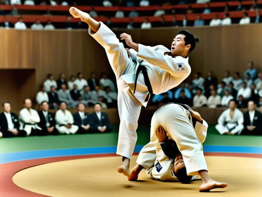 Contraste entre judo histórico y moderno en competiciones olímpicas, evolución del judo en competiciones capturada en dos imágenes impactantes