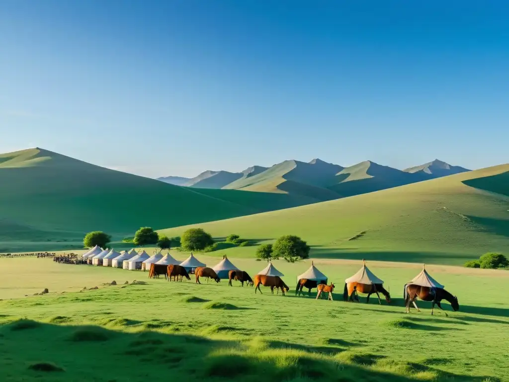 Contrastes de la organización social en las estepas asiáticas: hermosa imagen de pastores nómadas guiando caballos en una vasta pradera verde