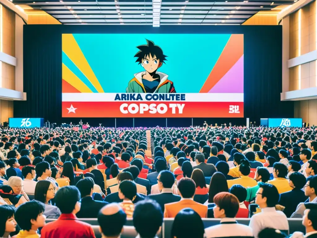 Una convención abarrotada de fans de anime entusiastas en vibrantes trajes cosplay, con paneles sobre la Revolución Akira anime global