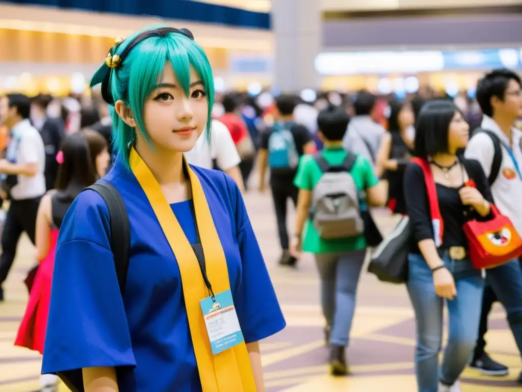 Convención animada con fans de anime de todo el mundo, disfrutando de la globalización del anime y cultura, con cosplayers y stands de mercancía