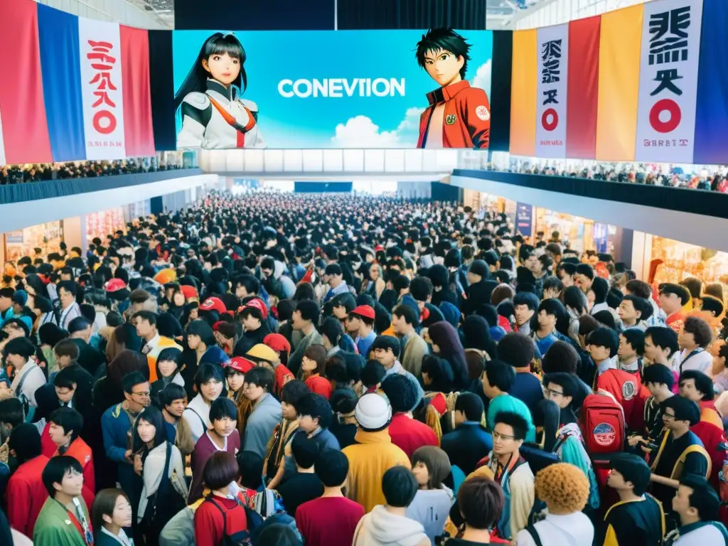 Una convención de anime bulliciosa con cosplayers y fans vibrantes, celebrando la Revolución Akira anime global