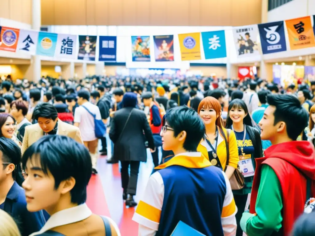 Convención de anime con impacto social del anime: una vibrante reunión de aficionados y cosplayers en un animado salón lleno de colores y energía