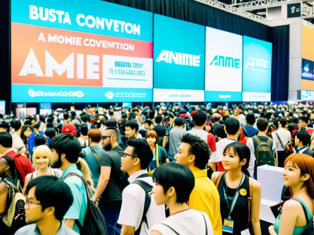 Convención de anime con innovaciones tecnológicas en streaming, cosplayers y mercancía