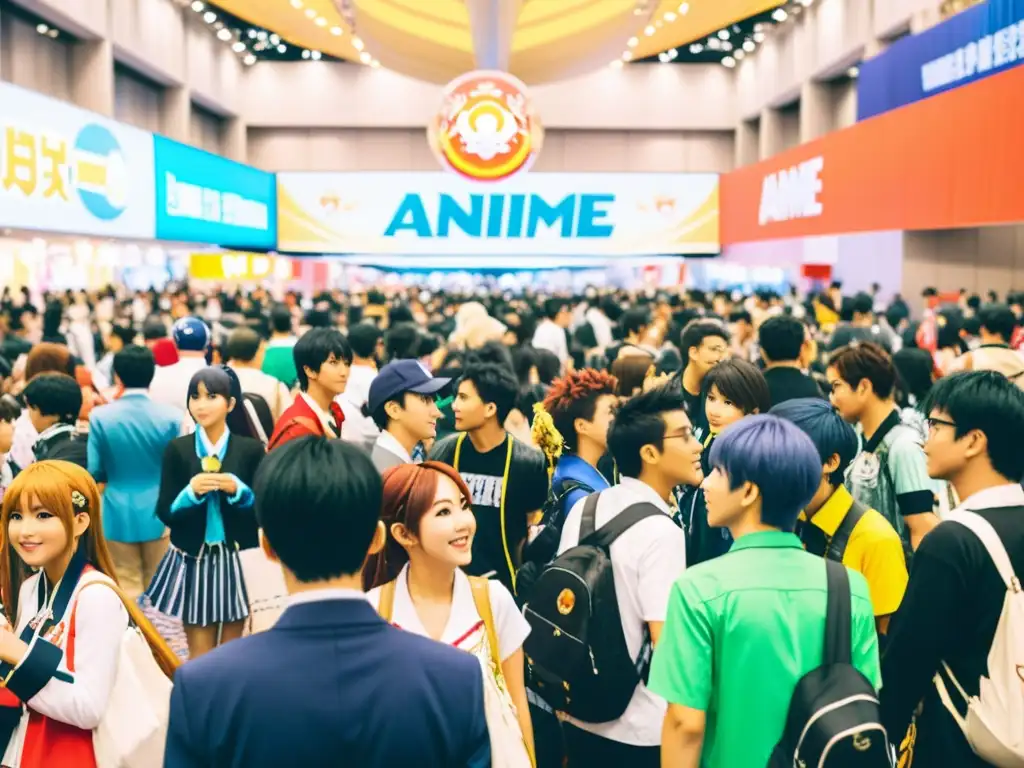 Convención de anime llena de cosplayers en coloridos trajes, comprando y posando para fotos