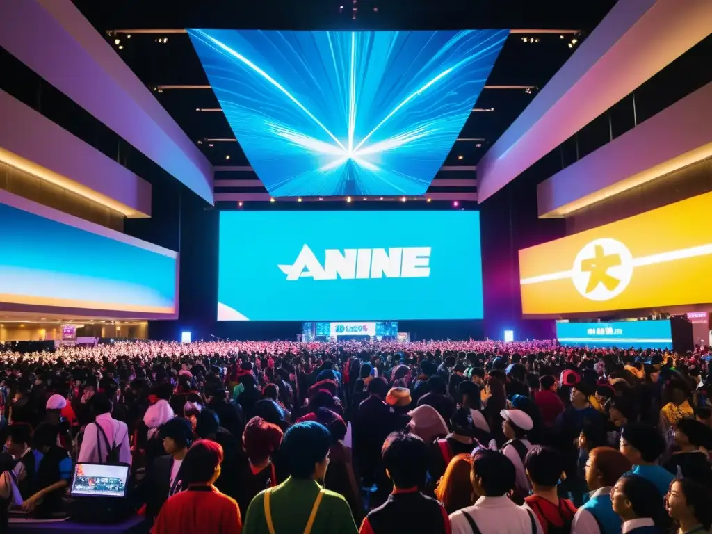 Convención de anime llena de entusiastas fans, tecnología innovadora y animaciones 8K